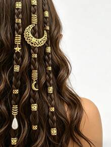 34pcs Girls' Braided Hair Accessories Set, Moon & Star Design Hair Clips, Fashion Personalized Hair Decorations, Daily Braided Hair Accessories - Multicolor - View 1
