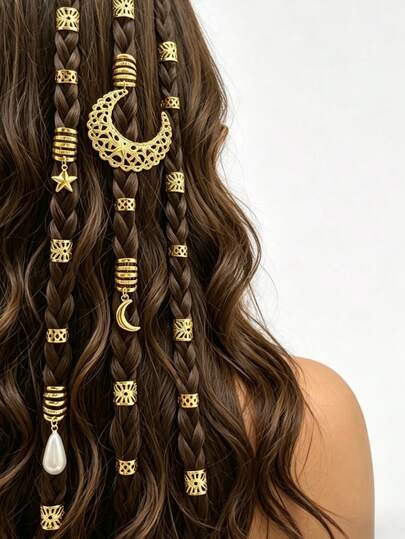 34pcs Girls' Braided Hair Accessories Set, Moon & Star Design Hair Clips, Fashion Personalized Hair Decorations, Daily Braided Hair Accessories