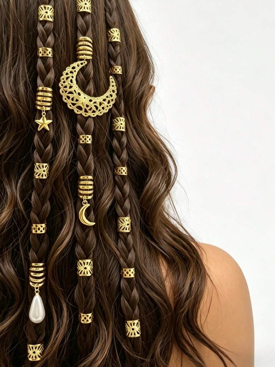 34pcs Girls' Braided Hair Accessories Set, Moon & Star Design Hair Clips, Fashion Personalized Hair Decorations, Daily Braided Hair Accessories - Multicolor - View 1