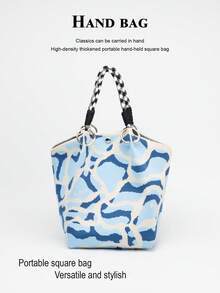 Bolso de cubo de gran capacidad con decoración de nudo de dibujos animados multicolor, bolso de mano elegante y multifuncional para viajes - Azul cielo - Ver 1