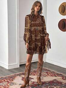 Women's Autumn/Winter Western Style Fashion Versatile Loose Round Neck Frill Collar Retro Wine Red Chiffon Digital Print Patchwork Long Sleeve Elastic Cuff Bowknot Waist Pleated Babydoll Bohemian Mini Dress Fall Cloth For Women - 棕色 - 查看 7