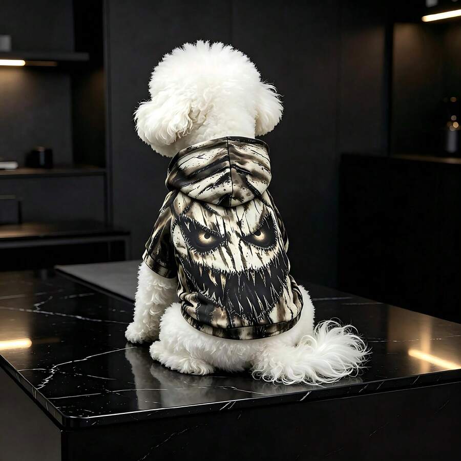 1 Stück Haustier Hund Vogelscheuche Monster Kapuzenpullover, 3D Horror Gesichts-Muster Haustier Kleidung, Kurzarm Kapuzenpullover, geeignet für mittelgroße & kleine Hunde und Katzen, Horror Party und Cosplay Outfit - Grau - Übersicht 1