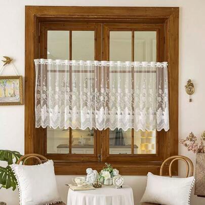 1pc Lace White Cafe Curtain, Rustic Farmhouse Style, Decorative For Small Windows, Doors, Cabinets, Kitchen, Cafe, Curtain Rod Pocket Top, Washable