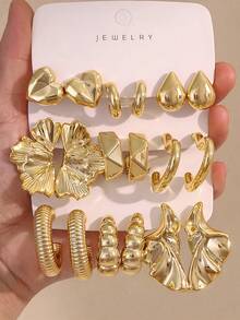 6/18pcs Geometric Symmetrical Petal Gold-Plated Earring Set For Women, Including Heart, Teardrop, C-Shaped, Floral, Exaggerated Earrings - Yellow Gold - View 13