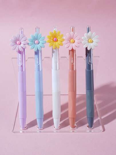 5支/套雏菊亚克力圆珠笔，高品质学生考试用笔，0.5mm黑色墨水，节日、聚会、朋友送礼佳品