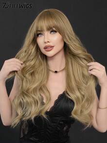 7JHH WIGS 女士长款波浪亚麻棕色假发，24英寸时尚合成波浪卷发假发，带刘海，混合金色挑染，高品质耐热纤维全机织假发，适合初学者佩戴，无需胶水，可用于日常派对、音乐节、角色扮演等场合。 - 亞麻棕 - 查看 4