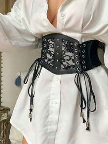 1pc Women's Dark Punk Style PU Leather Elastic Drawstring Waist Belt, Suitable Halloween Party Or Daily Wear - 黑色 6 - 查看 4