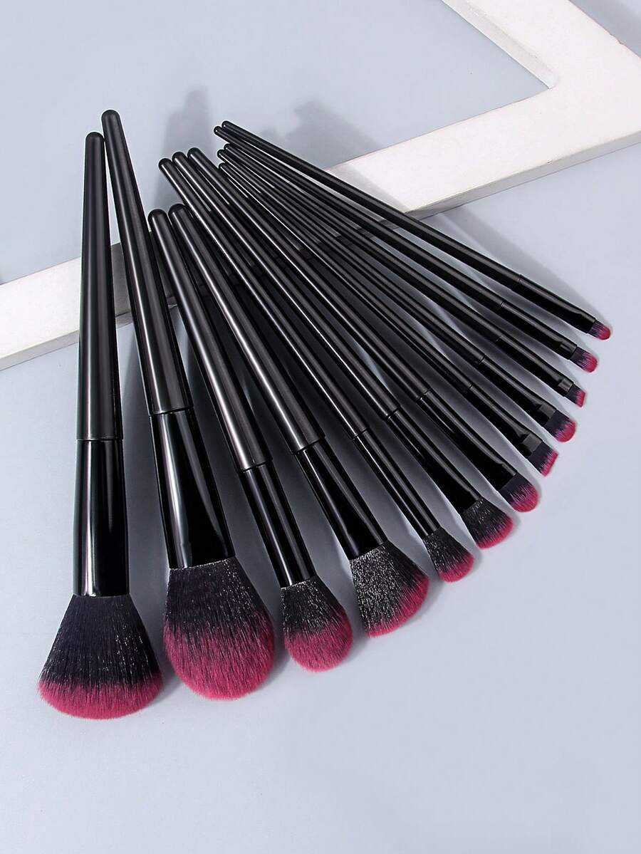 Bộ 12 cọ trang điểm siêu mềm, màu đen và hồng gradient, dành cho người mới bắt đầu dùng phấn phủ và phấn mắt.