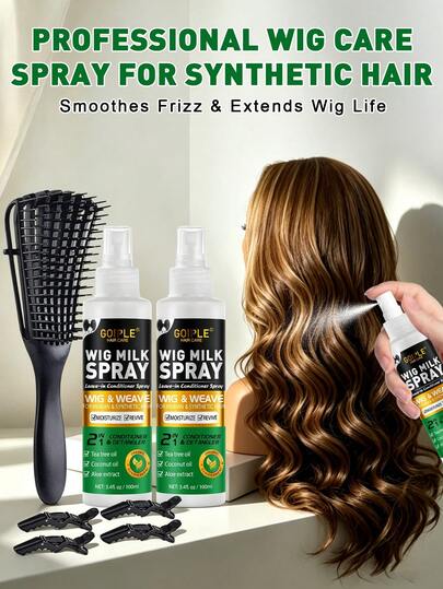 Goiple 100ml Spray para pelucas, 200ml Champú para pelucas, Productos para el cuidado de pelucas, Humectante y nutritivo, Spray protector del calor, Acondicionador desenredante y suavizante sin enjuague, Fácil peinado, Brillo y larga duración para pelucas sintéticas, pelucas de cosplay, extensiones de cabello y pelucas de cabello humano