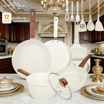 ABKOK 1 Piece/3 Pieces/12 Pieces Non Stick Cookware Set (With Wooden Handle/Silicone Cookware) - Includes Frying Pan, Soup Pot, Breakfast/Pancake Pot, And Silicone Cookware (Hanging Design, Universal Stove Safety, Easy Cleaning), A Must-Have Cooking Pot Set For Professional Chefs, And A Must-Have Frying Pan Set At Home