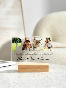 Customized Photo And Text Acrylic Photo Frame With Wooden Base, Personalize Your Photo, Gift For Dad, Home Decor, Birthday, Father's Day - Multicolor 2 - View 2