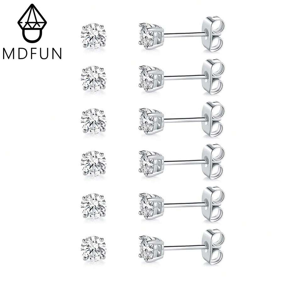 MDFUN Set Anting Stud Zirkonia Kubik Transparan Bulat Gradien 4 Cakar Berlapis Emas Putih 18K Unisex, Hipoalergenik