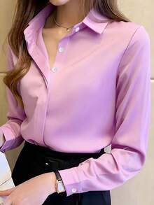 Áo sơ mi nữ dài tay màu đen thanh lịch, chất liệu polyester hơi xuyên thấu, có cúc cài, hoàn hảo cho mùa xuân/hè/thu. - Màu Hồng  Dưa hấu - Xem 1