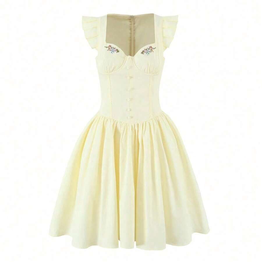 Vestido corto de verano para mujer con diseño francés bordado y mangas voladoras ajustado y moderno - Amarillo - Ver 1