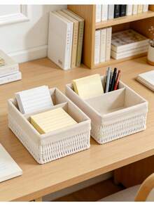 Bộ 3 hộp đựng đồ để bàn/1 hộp, dùng để đựng đồ trang điểm, chìa khóa, đồ ăn nhẹ, giỏ mây đan thủ công cho phòng khách, phòng ngủ, văn phòng, trang trí nhà cửa, quà tặng Halloween & Giáng sinh. - trắng - Xem 4