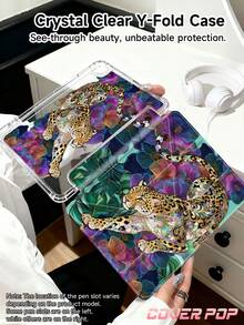 豹纹、叶子和芙蓉花珐琅图案平板电脑保护套,兼容 iPad Air 8 (M4) 2026 (11 英寸)/2026 (13 英寸)、9.7/10.2/10.5/10.9/12.9 英寸/iPad Pro 11/A16、第十代、Galaxy Tab S6 Lite 10.4 英寸、Kindle Paperwhite 第十二代 2024、Kindle(第十一代至 2024 年款),柔软防震保护,智能睡眠/唤醒功能,Y 型折叠支架,多角度观看,复古风格 - 彩色 - 查看 4
