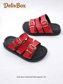1 Pair Girls' Sandals, Decorated With Contrasting Color Ribbons, Made Of PU Leather And Soft Cork Material, Comfortable And Easy To Walk, Open Toe Low-Top, With Buckle Strap, Flat, Casual Style, Suitable For Summer Indoor And Outdoor Play - Red - View 8