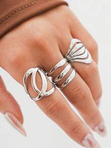 Uself 3 piezas/1 pieza Anillos geométricos de acero inoxidable plateado, regalo del Día de la Madre, adecuado para el 4 de julio, joyería minimalista para mujeres, bajo en alergias, para uso diario y de fiesta, joyería occidental, accesorios de playa para mujeres, regalo del Día del Maestro - Multicolor - Ver 5