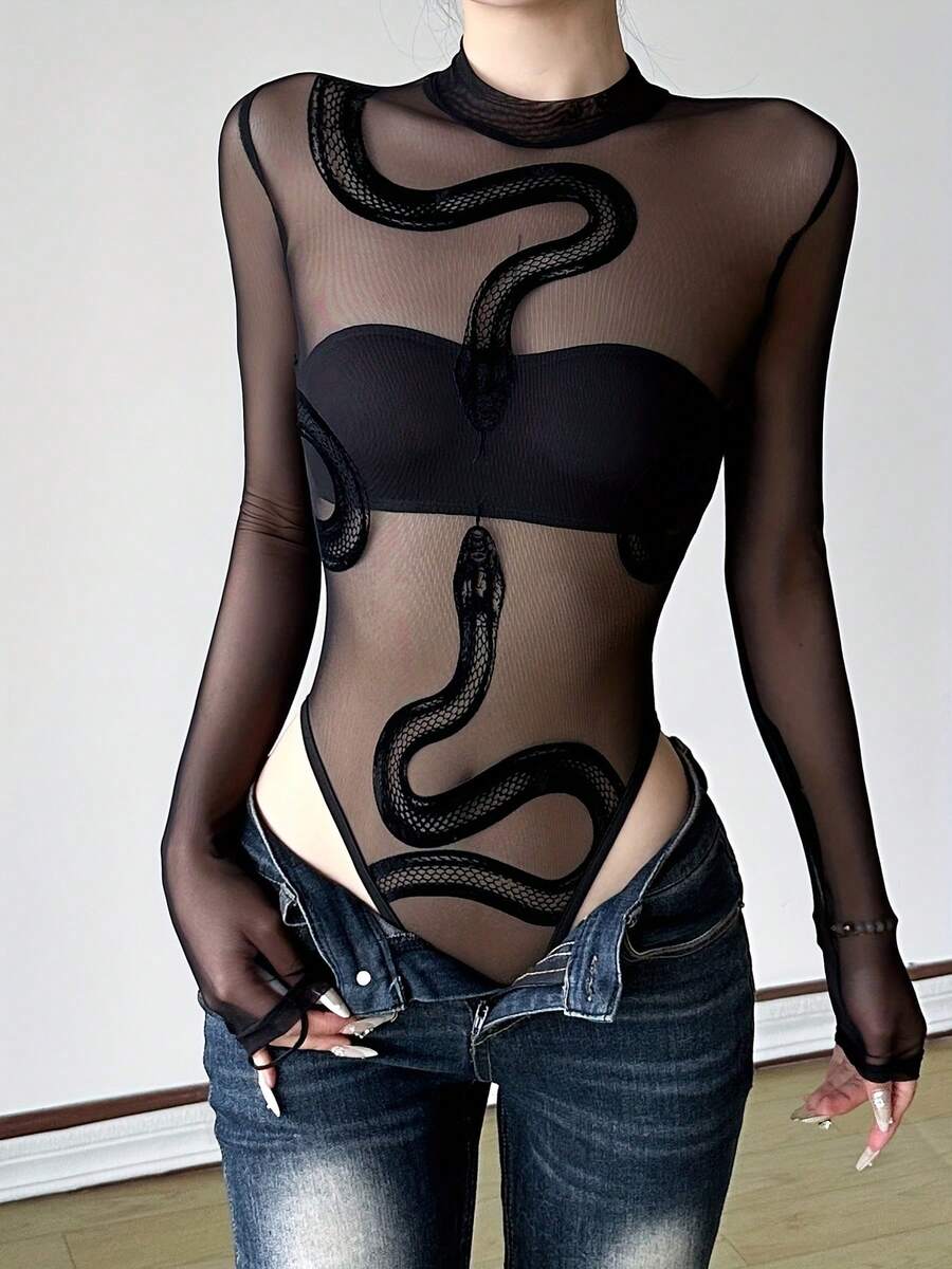 2026 Snake Print Mesh Bodysuit Sexy Snake Print Mesh Patchwork Long Sleeve Bodysuit Sheer See Through Slim Fit Going Out Top - 黑色 - 查看 1