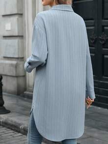 Women's Casual Commuter Solid Color Long Shirt,Blue Texture Striped Blouse,Blue Top,Modest Work Outfit,Office Wear,Country Style Spring - Blue - View 4