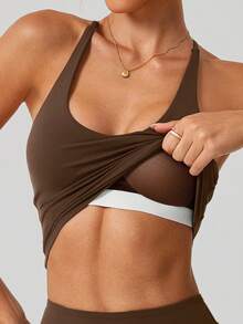 NcmRyu Women's One Set Solid Color U-Neck Padded Criss-Cross Back Sports Bra And Tight Shorts Activewear Set - Chocolate Brown - View 4