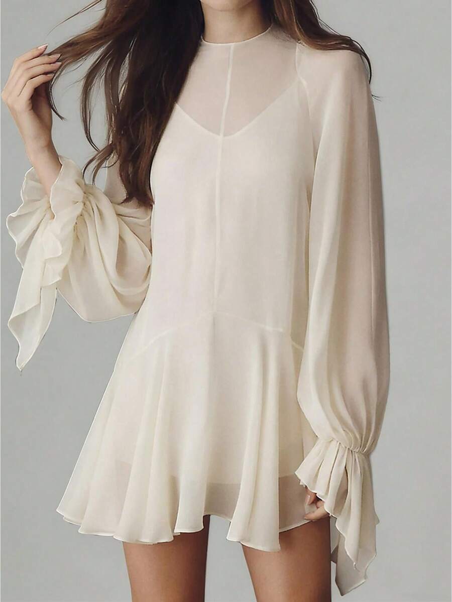 Women Long Sleeve Mini Dress French Casual Solid High Neck Short Flowy Ruffle Dresses for Daily Party Club Party - Beis - Ver 1