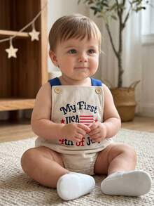 乳幼児用サマーロンパース「My First 4th of July Letter USA Flag Embroidery Bubble Ribed Jumpsuit ノースリーブ ワイドストラップ オーバーオール 独立記念日 愛国的な衣装 新生児用カジュアルボディスーツ 0-18ヶ月 - ホワイト - チェックする 6