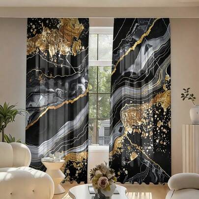 2 Pieces Of Black Gold-Plated Marble Pattern High-Definition Digital Printed Decorative Curtains. They Are Installed By Perforation. Made Of Semi-Transparent Polyester Material, Resistant To Fading. Washable By Hand Or Machine. Suitable For Bedroom And Living Room Decoration, As Well As Home Decoration Curtains.