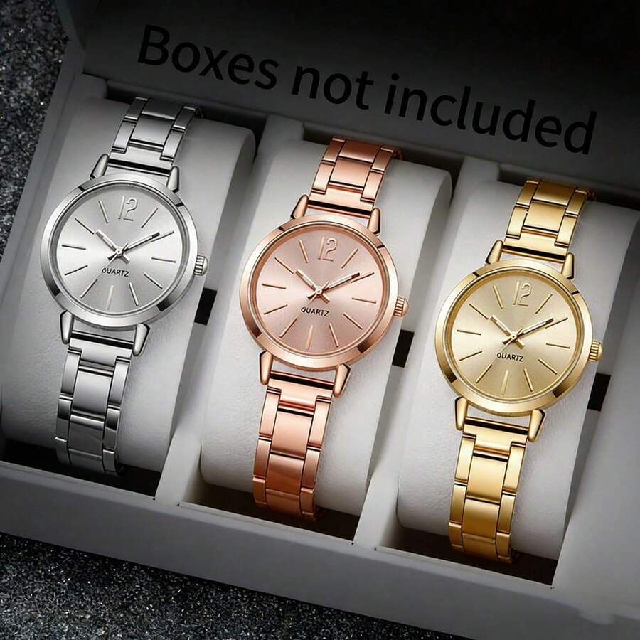 女士时尚简约设计休闲石英表套装，适合日常佩戴、生日、返校、感恩节、情侣装，最佳礼物（不含礼盒） - 金色 - 查看 1