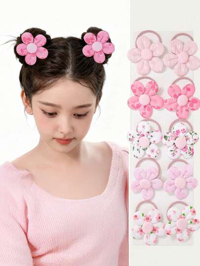 10pcs/Set Girls Fabric Flower Cute Princess Hair Ties, Scrunchies, Hair Accessories, Won't Damage Hair
