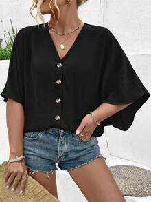 Áo nữ màu trơn đơn ngực kiểu casual đa năng mặc hàng ngày màu đen - màu đen - Xem 3