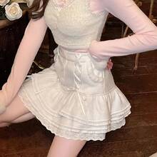 Japanese Kawaii Clothes Pink Skirt With Shorts Lace High Waist Korean Style Women 2025 New Fall White Skirt Fluffy - Váy hồng - Xem 5