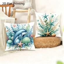 4pcs Nautical Marine Decor Throw Pillow Covers Suitable For Sofa, Bed, Dorm - Zippered Square Cushion Covers With Dolphin, Coral, Seashell & Turtle Patterns, Machine Washable Modern Coastal Bedding For, Gift, 2D Flat - Baby Blue - View 5