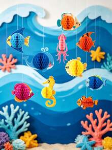 3pcs Ocean Party Decoration Set, Tropical Fish Honeycomb Ball Set, Rainbow Hanging Decorations, Indoor And Outdoor Colorful Ocean Style Decorations,Birthday Party Props,Holiday Celebrations,Party Supplies,Under-The-Sea/Luau/Hawaiian/Table Centerpiece - A - View 4