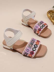 1 par de sandalias bordadas con rhinestones para niñas 2026, con parte superior de piel sintética, correa de tobillo, tacón bajo de bloque, estilo bohemio casual, adecuadas para uso diario casual y al aire libre en verano - Multicolor - Ver 8