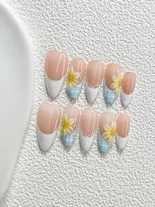 10Pcs Gentle Vacation Style Handmade Nail Art Set,Unghie Press On,Blue And White Nail Polish,Includes Nail Tools,3 Sizes Available,Almond Nails , Duck Nails,Coffin Nails For Party, Dance, Daily Wear. - 彩色 - 查看 14