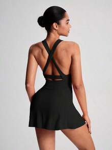 TCVC Vestido deportivo de tirantes para mujer, vestido de tenis de cuello redondo con pantalón corto de con espalda de tirantes cruzados, de tela suave y ajustada, para deportes y yoga en interiores/exteriores, negro de verano - Rosa Fucsia - Ver 8