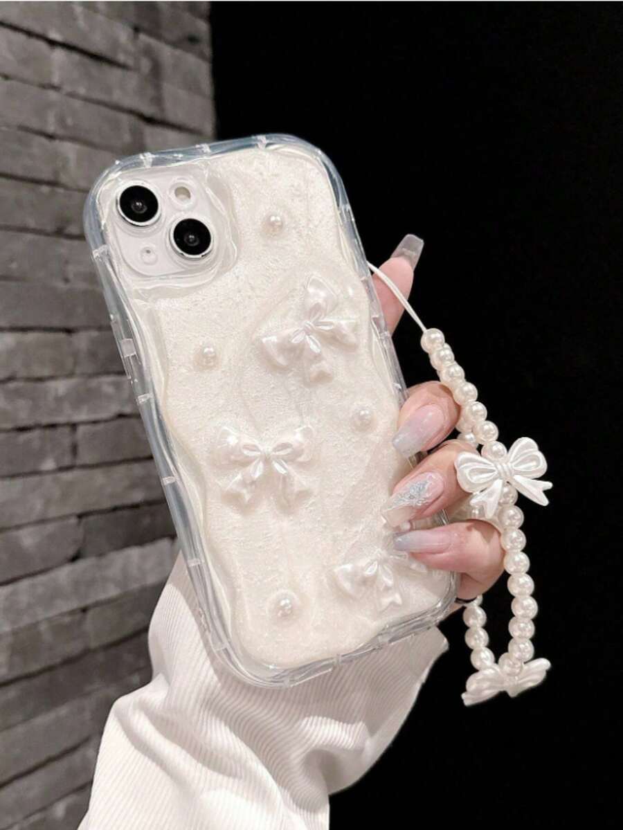 适用于 17/17 Pro/17 Pro Max/16/15/14/13/12/11 系列，1 个 Ins 奶油色边缘 3D 珍珠蝴蝶结 + 蝴蝶结挂链，全方位摄像头保护防摔手机壳，时尚环氧树脂手机壳，适用于 17 Pro Max