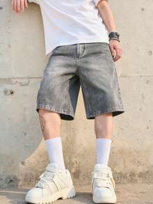 Men's Washed DenimBermuda Shorts, Casual Minimalist Versatile Non-Stretch Straight Leg Pants - Light Grey - View 3