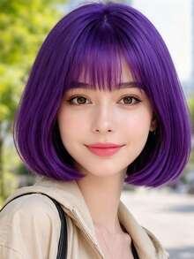 12-Inch Short Purple Bangs Wig, High-Temperature Synthetic Straight Hair, Natural Style, Elegant And Versatile, Suitable For Daily Wear, Parties, And Cosplay For All Women - Purple - View 2