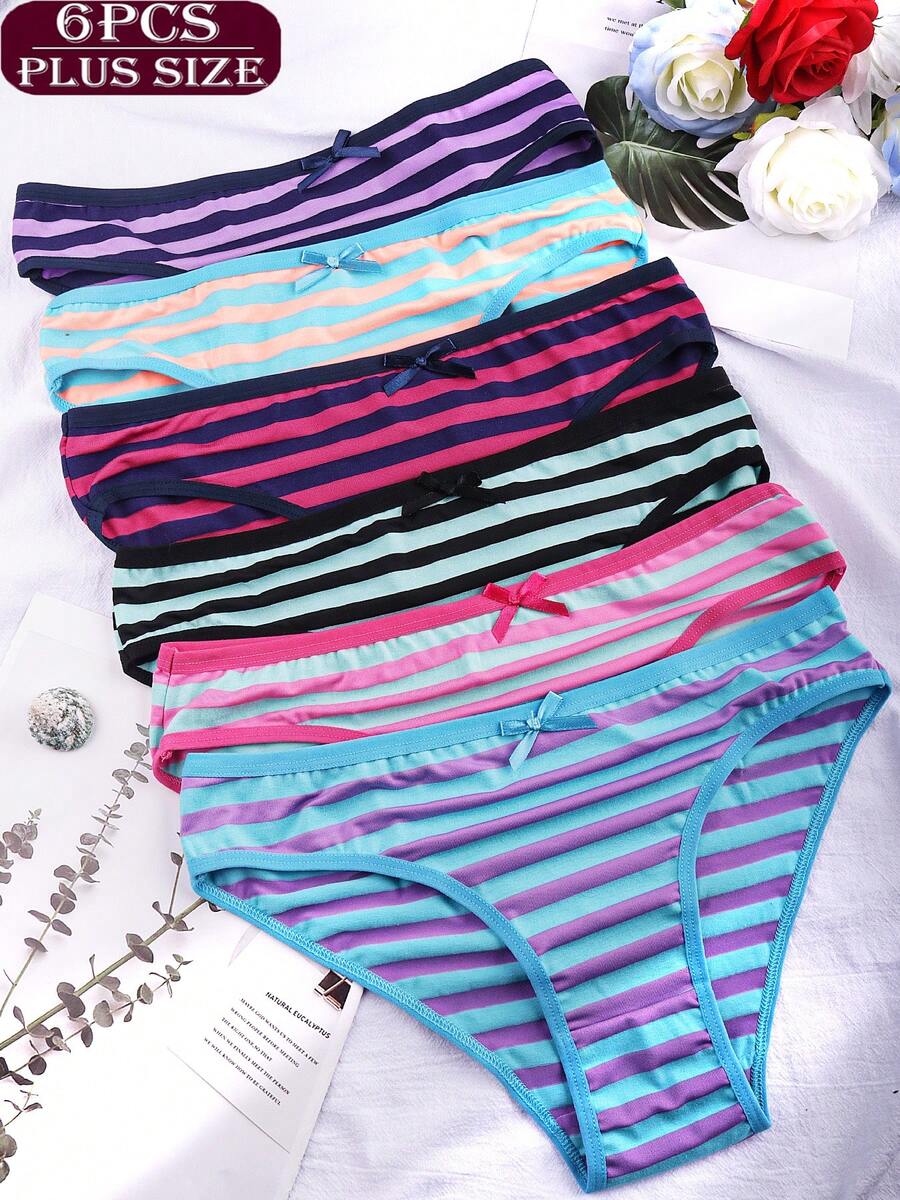 6-Pack Plus Size Summer Striped Cotton Low Rise Panties For Women, Breathable Soft Daily Wear Briefs With Bow Decor - Multicolor 2 - View 1
