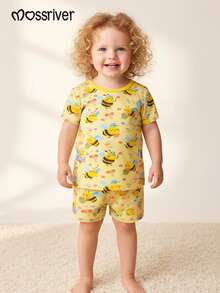 Baby Girls Summer Cute Bee & Floral Print Short Sleeve Tee And Shorts Two-Piece Outfit - Màu vàng - Xem 1