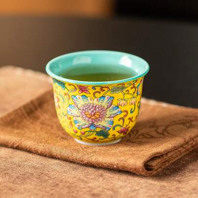 1/2/4/6pcs Ceramic Tea Cups, Yellow Floral Pattern Tea Cups, Suitable For Serving Arabian Red Tea To Family, Water Cups For Hosting Guests And Friends, Also A Nice Gift
