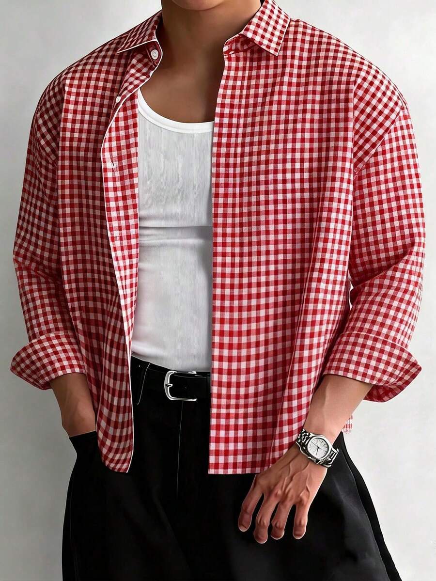 WAIT HIM Men's Casual Boxy Cropped Plaid Long Sleeve Shirt, Summer - Red - View 1