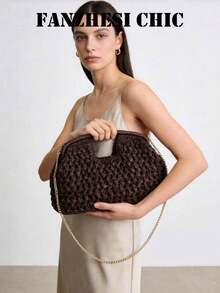 Bohemian Brown Tote Bag, Gold Chain Woven Shoulder Bag, Summer Beach Crossbody Bag, Straw Bag, Suitable For Young Women, Fashionistas, Daily Outings, Vacations And Beach Trips. - Coffee - View 7