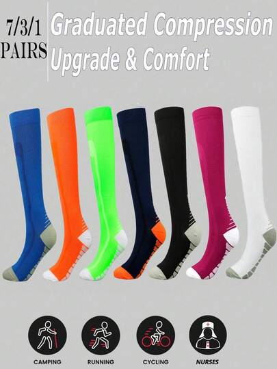 1/3/7 Pairs Men/Women Compression Socks With Heel Arrows, Breathable Fabric Suitable For Cycling, Running, Hiking, Long Standing