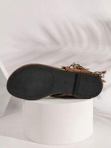 Sandal đế bằng cao đến giữa bắp chân, có dây buộc, họa tiết chấm bi và tua rua, dành cho nữ, kiểu dáng thoải mái, thích hợp cho kỳ nghỉ hè, màu nâu. - màu nâu - Xem 10