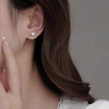 2pcs Chic Circular Zirconia & White Pearl Inlaid Design Minimalist Versatile Earrings, Suitable For Work - Multicolor - View 3