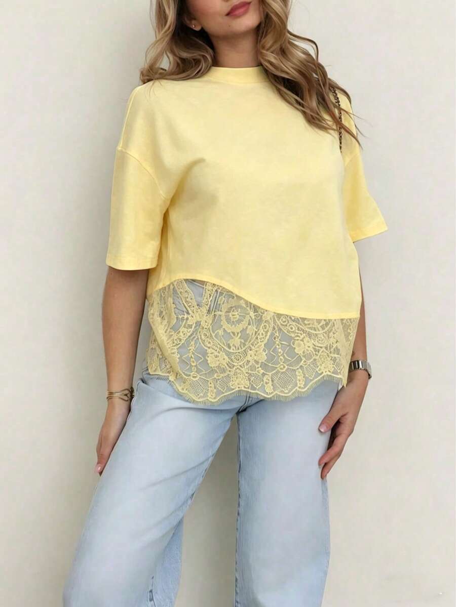 Spring New Solid Color Knit Fabric Lace Patchwork Short Sleeve T-Shirt, Casual, Sports, Office Wear For Spring/Summer - Yellow - View 1