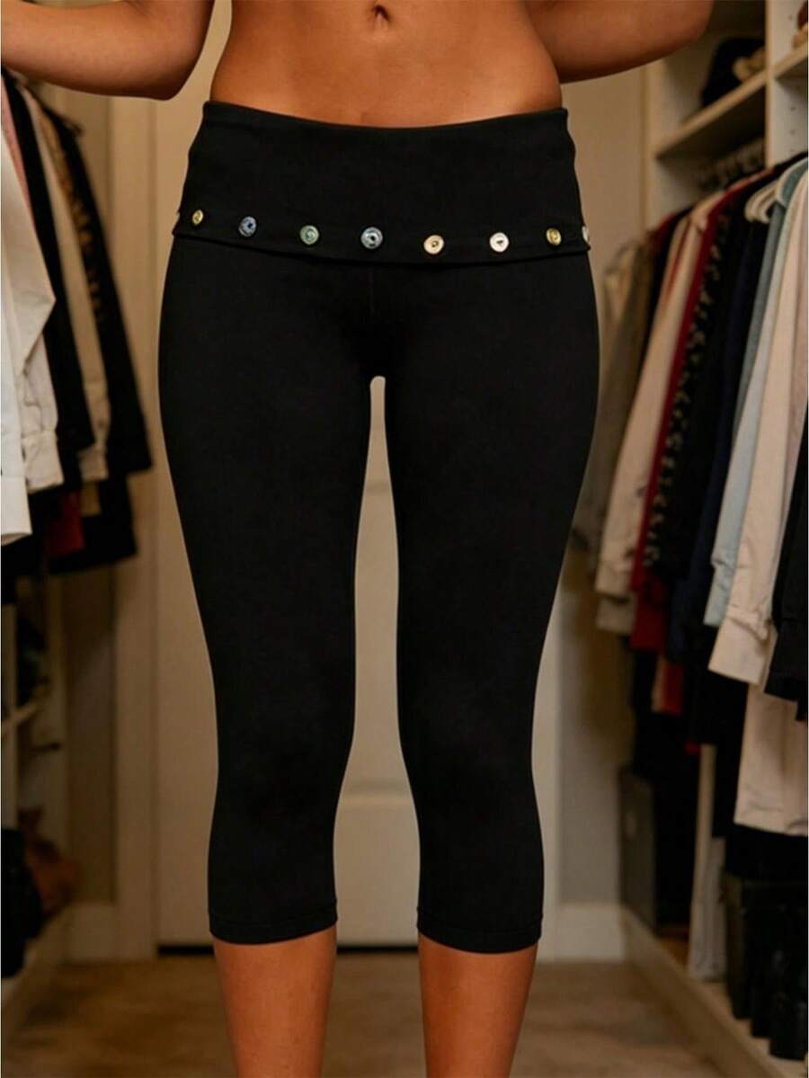 Women's Capri Pants Fold Over Waistband Low Rise Button Decor Slim Fit Stretch Yoga Leggings - Negro - Ver 1